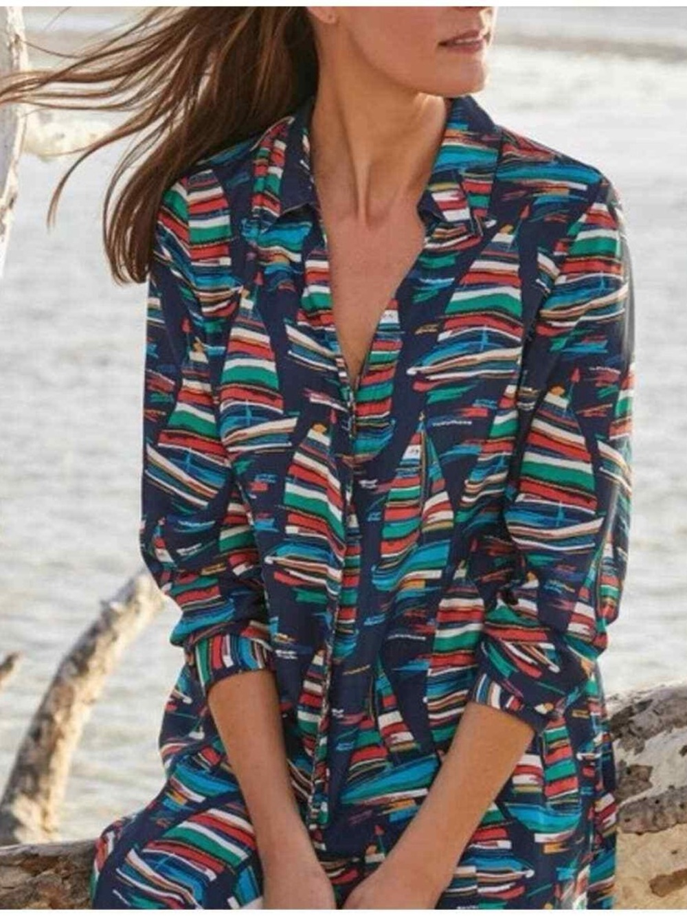 Soft Surroundings Sail Away Button Front Shirt Size Petite XS Sailboat Nautical